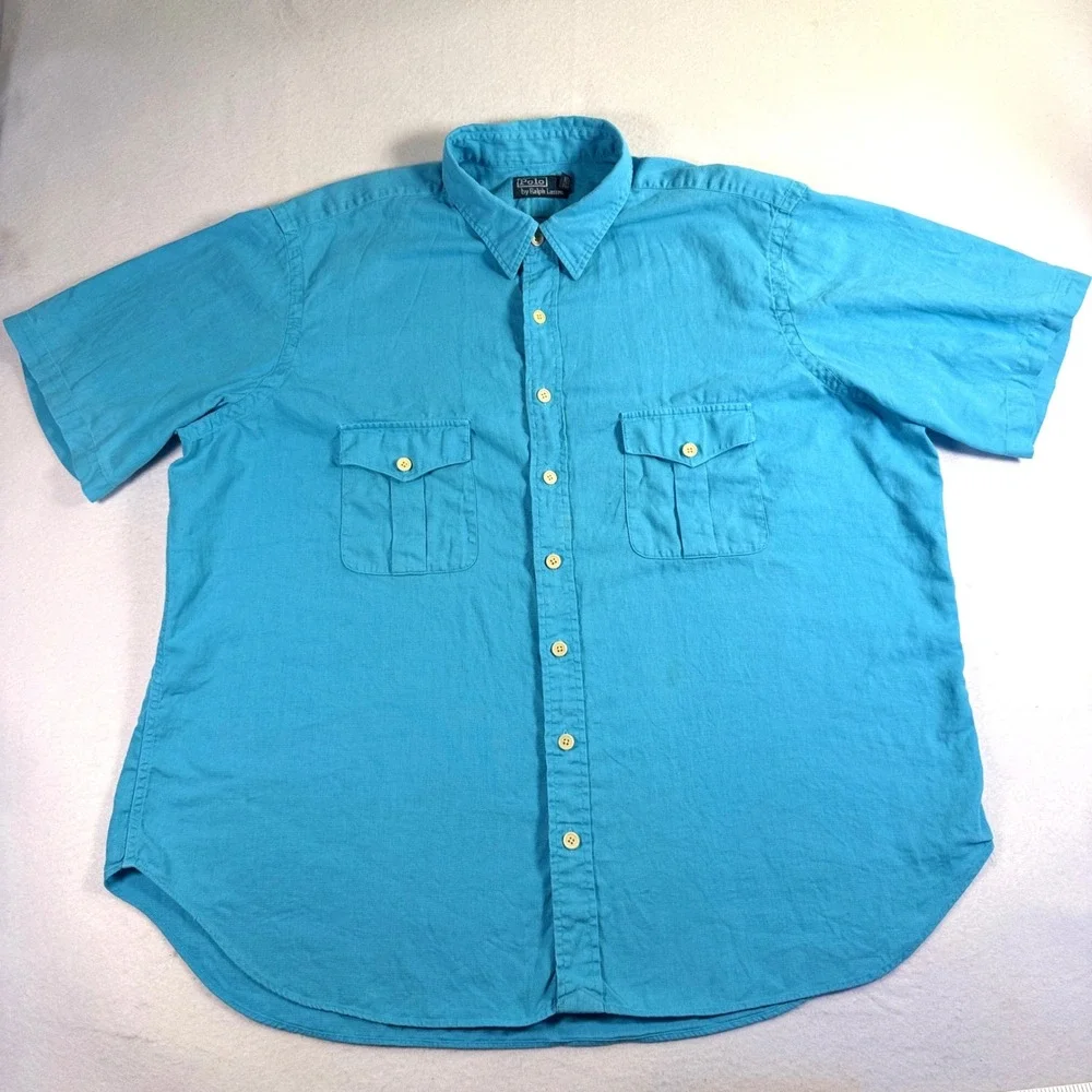 Vintage Polo Ralph Lauren Mens 2XB Blue Linen Cotton Short Sleeve Button Pockets